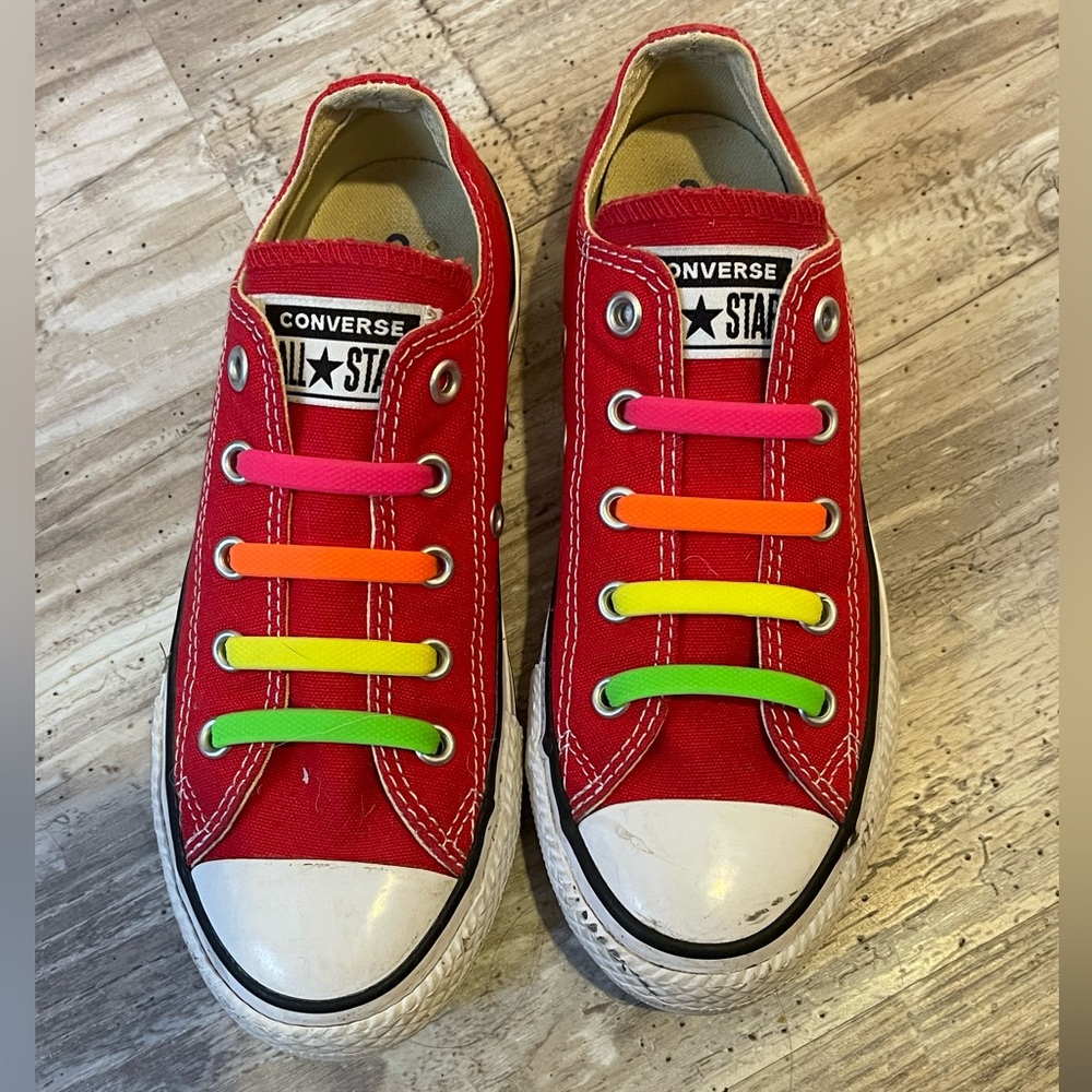 Boys Size 1 - Red Converse with rainbow stretchy shoe laces. Makes them slip on!